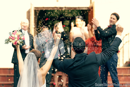 Image of Wedding, applause and couple holding hands in celebration with support from clapping guests, friends and family. Back view, bride and groom celebrate trust, hope and success in love at a social event