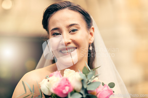 Image of Beauty, bride and portrait of a woman holding a flower bouqet on her wedding day. Female, beautiful and cosmetics with face of lady holding a floral bunch on her marriage day at commitment ceremony