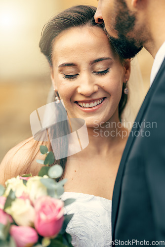 Image of Love, marriage wedding and couple kiss from groom happy after partnership commitment, trust ceremony or union event. Bride with flowers bouquet, romantic eternal bond and newlywed man and woman smile