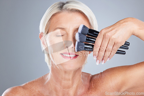 Image of Brush, senior and woman with makeup for her beauty, self care and grooming routine in studio with gray background. Cosmetics, skincare and mature make up artist with brushes for foundation product