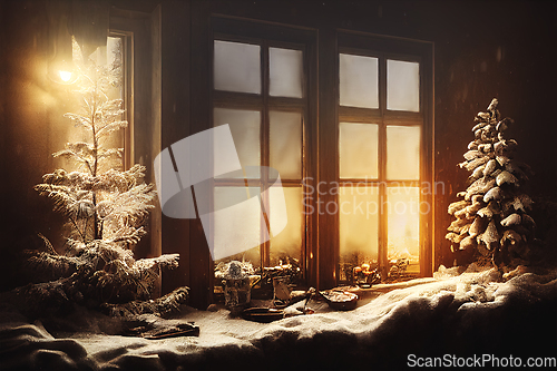 Image of Rustic window covered with snow at christmas night. Idyllic xmas