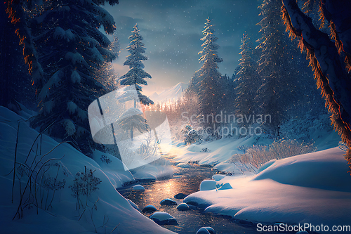 Image of Winter landscape wallpaper with pine forest covered with snow, m