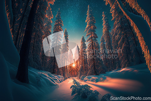 Image of Winter landscape wallpaper with pine forest covered with snow an