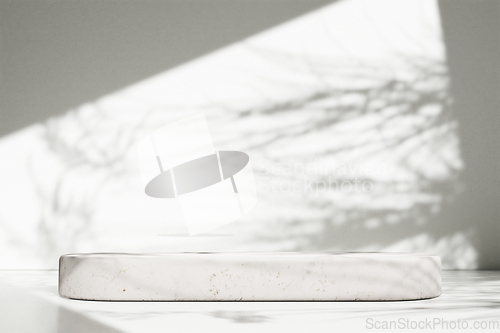 Image of Luxury marble table with plant shadow on white wall and stone po