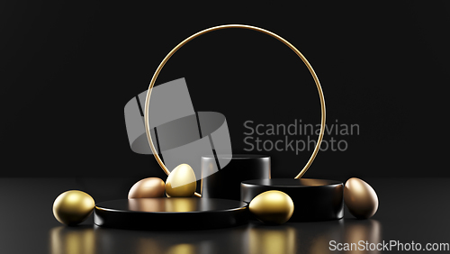 Image of Golden Easter eggs and tree product podium stage with spotlight 