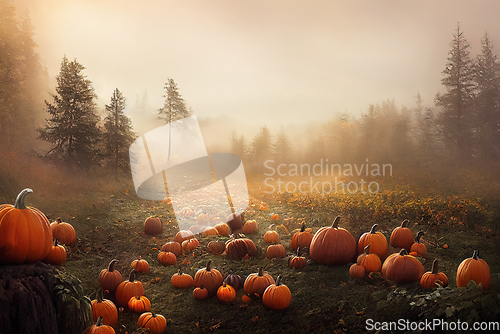 Image of Thanksgiving and halloween pumpkins in autumn forest. Fall seaso