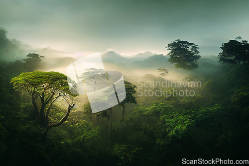 Image of Misty jungle rainforest from above in the morning. Tropical fore