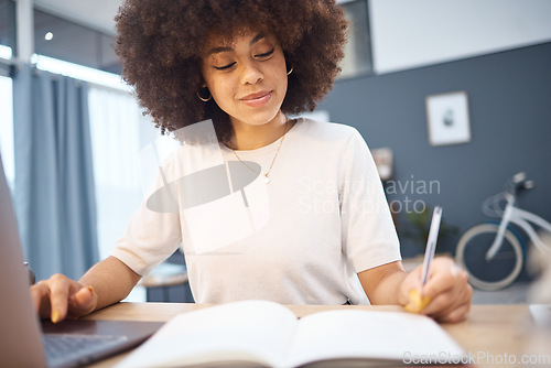 Image of Student research, writing notes and black woman remote eduction on a home computer. Working, planning and reading digital learning busy with tech data test elearning and web university information