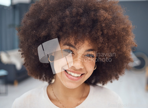 Image of Happy black woman afro and portrait smile with teeth in satisfaction for great hair day at the salon. African American female smiling in happiness for hairstyle, beauty and cosmetic treatment indoors