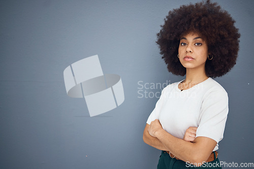 Image of black woman, mockup and business for advertising, marketing and creative design space. African american girl, corporate worker and small business ceo or startup entrepreneur in grey backgriund studio