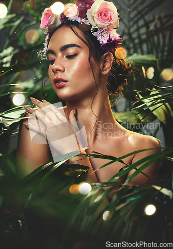 Image of Nature, beauty and woman with skincare for wellness, cosmetic health or body healthcare grooming. Flower, plant and face of dermatology model relax with advertising for natural facial or skin product