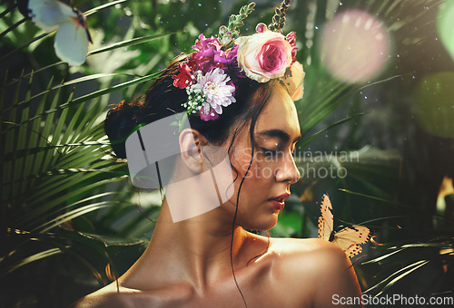 Image of Beauty, butterfly and woman with flowers crown for sensitive glowing skin, natural cosmetics or luxury face makeup. Dust particles, peace and calm aesthetic model with nature leaf, plant and skincare