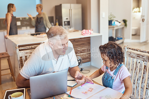 Image of Learning, girl drawing and grandpa care in a kitchen remote working with a kid at home. Family, creative coloring and youth education development of a man and child bonding together with elearning