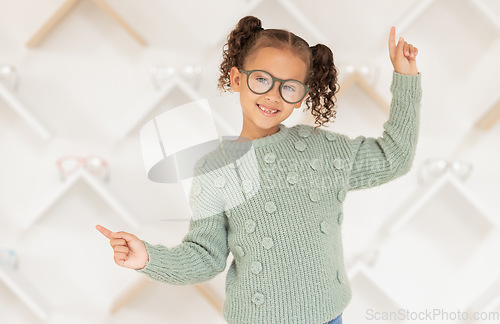 Image of Child, glasses and eye care vision support for medical healthcare. Portrait of young girl, happy and healthy eye exam success or lens wellness treatment in optometrist eye clinic, surgery or store