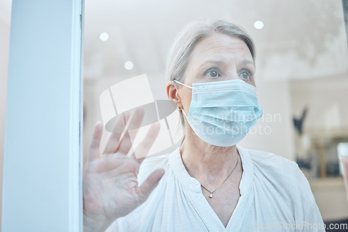 Image of Senior woman, covid and face mask with hand on window for anxiety, mental health and safety in house during retirement. Lonely female at, home during covid 19 lockdown for government compliance