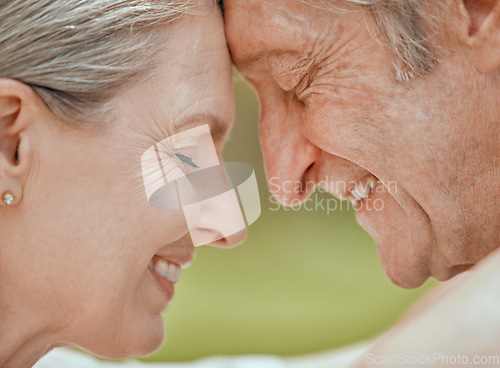 Image of Love, senior couple and touch face of a marriage with elderly people feeling care and happiness. Happy, holding and smile of a wife and man together loving retirement and life with gratitude outdoor