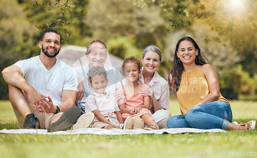 Image of Family, picnic and smile of a mother, dad and kids with grandparents in a nature park. Portrait of children, mom and dad loving summer together with a smile and quality time bonding outdoor with love