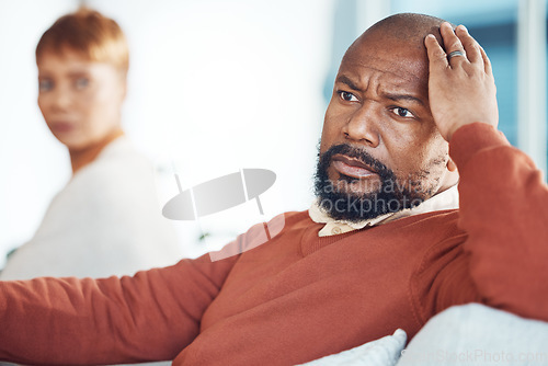 Image of Black man ignore partner in couple fight, divorce and angry affair, stress and anxiety in marriage conflict, toxic relationship and problem. Husband feeling angry, frustrated and depressed with wife