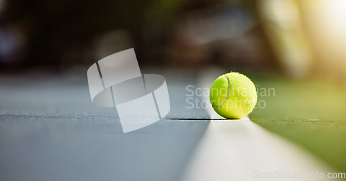 Image of Tennis court, sports and green ball on floor for exercise, workout and training for mockup athlete background for health and wellness. Fitness, game and sport motivation for competition and cardio