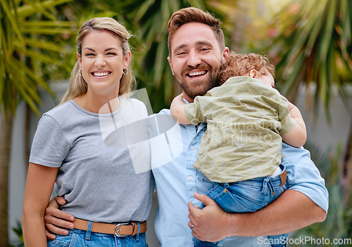 Image of Happy family hug, love and care in park, garden and nature for lifestyle, kid and together outdoor. Portrait of smile man, relax woman and little boy in summer backyard on vacation in Costa rica