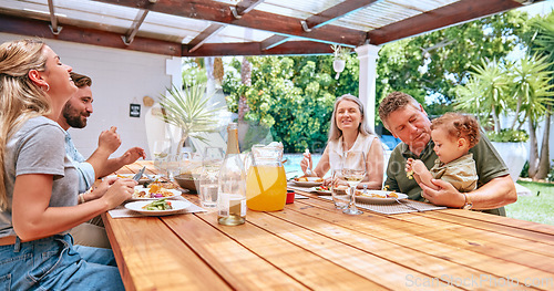 Image of Family, lunch and outdoor happiness of a mother, man and children with grandparents and kid care. Happy big family, kids and parents together bonding with barbecue food in summer eating with a smile