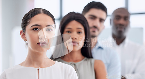 Image of Portrait, team and business people in line for collaboration, support and partnership in a global company. Diversity, men and young women employees after a meeting for a startup in an office building