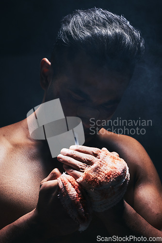 Image of Boxer man, fight and blood of a boxing fighter with cigarette after training accident and a injury. Smoking fitness, workout exercise and wellness athlete smoke with a hand bandage from sport