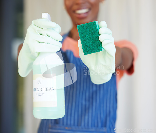 Image of Black woman, hands or spray bottle with sponge, gloves or cleaning product for maid, cleaner service or hospitality worker. Zoom, hygiene container or spring cleaning chemical in bacteria maintenance