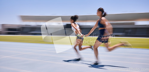 Image of Speed race, relay and woman running in marathon, sports event or high energy track sprint. Action, moving and teamwork of fast athlete, runner or women cardio training for France competition