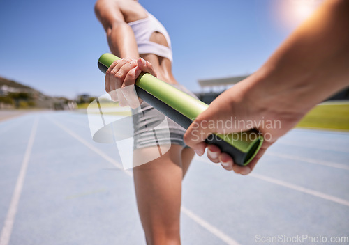 Image of Relay marathon, baton and woman runner running on race track inside athletic stadium, sports arena and racing field. Cardio team sports training, fitness exercise and wellness workout for competition