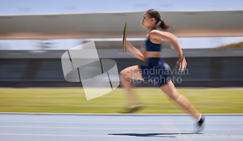 Image of Fitness, speed and runner, woman running relay race with athlete and training on stadium track for sports and cardio. Marathon, energy and athletic female, sport and workout run with active life.