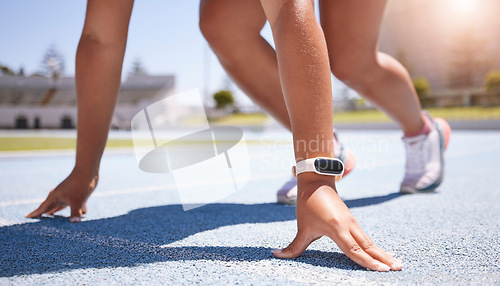 Image of Woman athlete, runner and start training, fitness and exercise for race, marathon and running on track outdoor. Sports, challenge and speed with sport person with cardio for competition at olympics