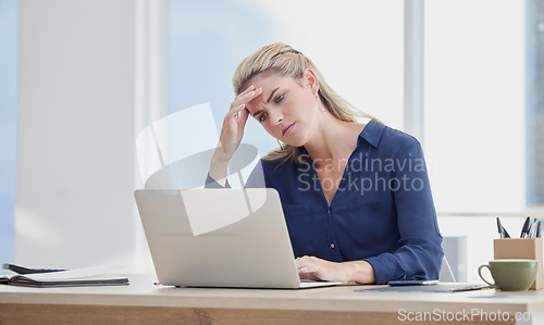 Image of Stress, headache and anxiety for lawyer on laptop in office, law firm or consulting company. Confused, thinking attorney and frustrated legal woman with technology 404 glitch or court case burnout