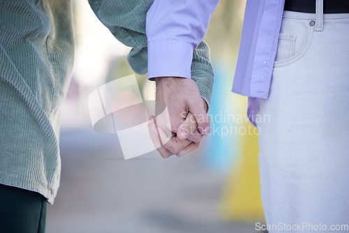 Image of Love, happy and freedom with gay couple holding hands for support for lgbtq, equality and pride. Homosexual, partner and relationship with man for union, dating and lifestyle in urban city together