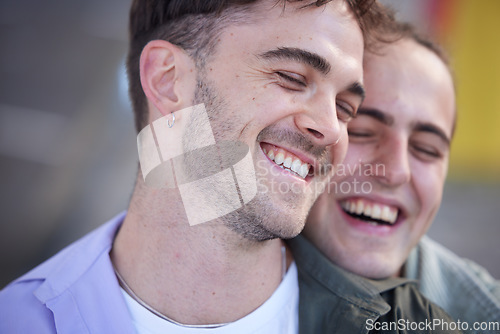 Image of Gay, couple and happy faces together with love, trust and care loving lgbt and relationship hug. Lgbtq people, man lovers or friends hugging proud of homosexual lifestyle with happiness and freedom