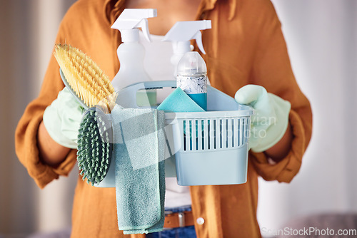 Image of Cleaner, cleaning supplies and ready to start work, prepare for labor and hygiene with brush, bottles and liquid detergents. Domestic, woman and female employee working service, fresh space and cloth