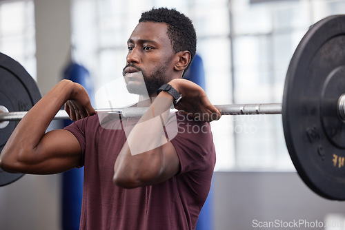 Image of Strong man, barbell overhead press and gym exercise, workout and functional training in sports club. Black man, bodybuilder and power weightlifting challenge with heavy weights, focus and motivation