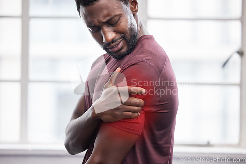 Image of Man, shoulder pain and inflammation from sport exercise workout. African american athlete, frustrated black man and arm muscle injury or medical accident emergency during healthy fitness training