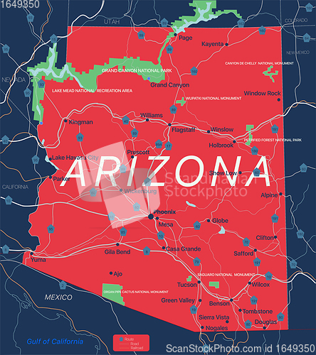 Image of Arizona state detailed editable map