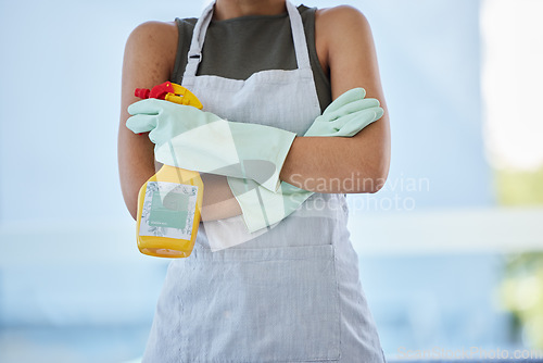 Image of Woman, cleaning and spray product in home, work or apartment for hygiene, germs or bacteria. Black woman cleaner, sanitizer bottle and spring cleaning for disinfection, service or safety in house