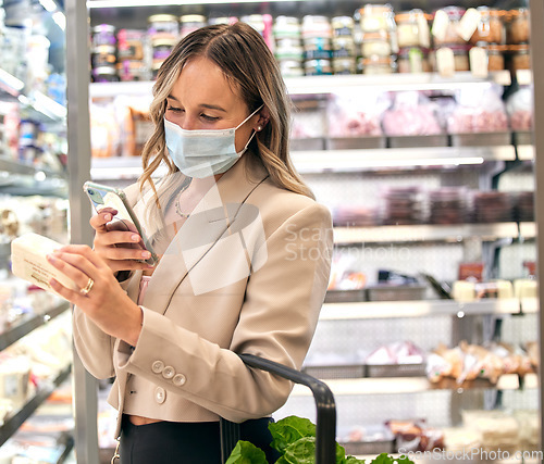 Image of Grocery store, woman covid mask and phone food ingredient check of a retail customer. Groceries shop of a person looking at a mobile app for a healthy diet label shopping in a supermarket checking