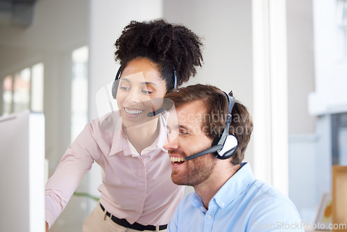 Image of Call center, telemarketing and team training for customer service agent advice in an agency. Contact us, support and consultant colleague computer education and help for hotline operator assistance