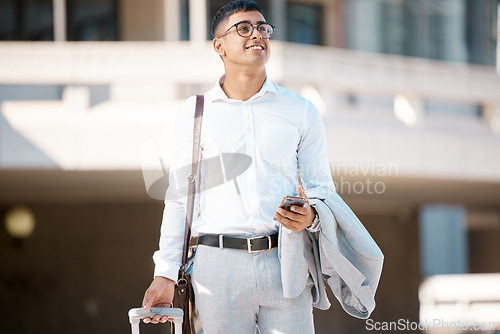 Image of Business man, suitcase and travel for work while thinking, opportunity and connect outdoor. Leadership vision, confident and business trip to destination, commute or smile while on journey with phone