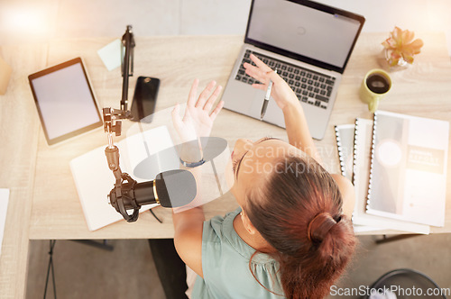 Image of Top view, podcast microphone and woman on laptop recording audio for live streaming mockup. Presenter, host and female influencer on mic for talk show broadcast, radio or talking to online audience.