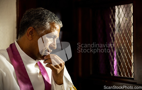 Image of Confession, church and priest in a booth listening to confessing of sin, mistakes or problems. Religion, christian and senior pastor in Mexico doing catholic tradition for forgiveness in a cathedral.