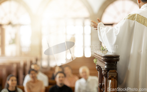 Image of Congregation, religion and faith with priest, in church and preaching sermon, speaking and spiritual. Leadership, talking and connect with people, believers and in chapel for forgiveness or guidance.