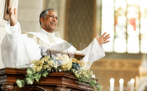 Image of Pastor, preach and in church smile, bible and talking with pride, confidence and happy with altar. Blessing, worship or spiritual leader for faith, happiness or joy for gospel, leadership or religion
