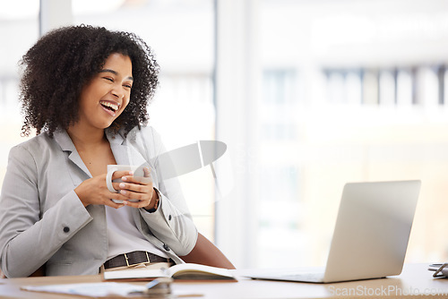 Image of Black woman, business leader and laptop for video call, coffee and conversation for planning, online meeting or happy at desk. Leadership, digital device and hot beverage with smile, pride or talking