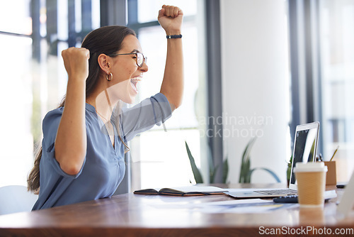 Image of Celebration, young woman and cheering with laptop, receive positive results and good news. Excited, surprise and female winner with digital device for happiness, smile and project success and outcome