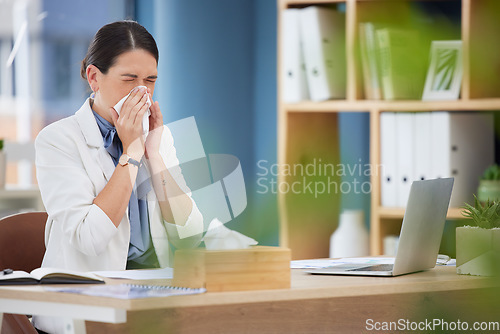 Image of Sick, nose tissue and woman in business office with covid 19, corona virus infection or runny nose from allergy. Corona virus, health problem or employee blowing nose with cold, fever or flu symptoms
